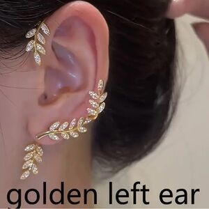 💥1pc Sparkling Artificial Crystal Decor Leaf Ear Clip, Non-Piercing Earring LEFT